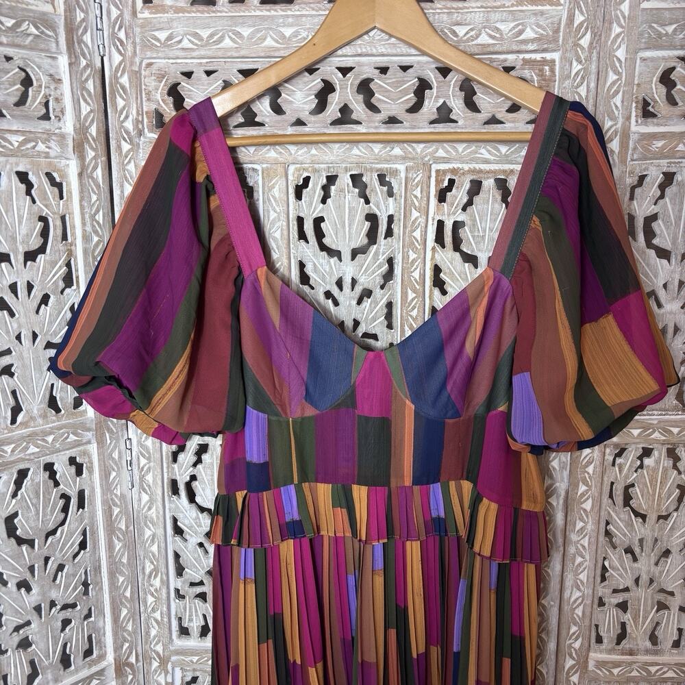 Farm Rio Painted Multicolor Stripes Tiered Maxi Dress L Patchwork Bohemian - Picture 3 of 9